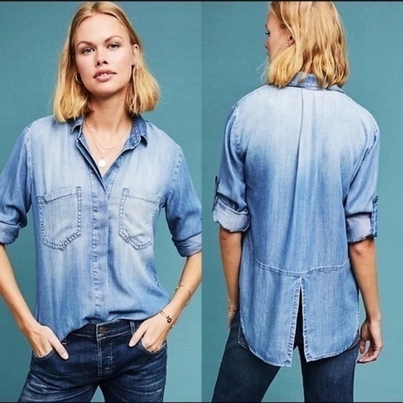 Cloth & Stone • Blue Faded Chambray Split Back Top - Picture 1 of 6